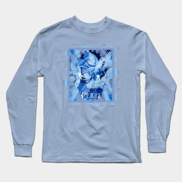 Dove With Celtic Peace Text In Blue Tones Long Sleeve T-Shirt by taiche